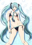  aqua_eyes aqua_hair bikini collar hatsune_miku headset highres kuraki_hiro long_hair necktie open_mouth shiny shiny_skin side-tie_bikini solo swimsuit twintails very_long_hair vocaloid zanshomimai 