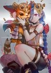  1girl belt blue_hair bow breasts character_name choker cigar cleavage danann earrings english gnar_(league_of_legends) hair_bow jewelry jinx_(league_of_legends) league_of_legends long_hair looking_at_viewer nail_polish necklace red_eyes shell_casing single_thighhigh skull small_breasts smile squatting thigh_strap thighhighs very_long_hair 