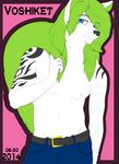  anthro belt blue_eyes canine fur green_hair hair long_hair looking_at_viewer male mammal solo tattoo taylor_voshiket topless voshiket white_fur wolf 