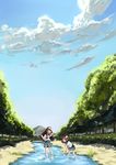  ;d bad_id bad_pixiv_id barefoot brown_eyes brown_hair closed_eyes cloud day highres long_hair mixke mountain multiple_girls nature one_eye_closed open_mouth original outdoors playing pleated_skirt river school_uniform serafuku short_hair skirt sky smile splashing tree wading 