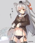  1girl :o amatsukaze_(kantai_collection) black_panties blus blush brown_eyes choker cowboy_shot dress dress_lift electric_fan fanning_crotch garter_straps gloves grey_background hair_tubes highres kantai_collection long_hair navel panties sailor_dress side-tie_panties silver_hair single_glove solo sumisu_(mondo) twitter_username two_side_up underwear white_gloves 