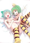  animal_print bikini blue_hair blush bow breast_grab breasts cirno colored_stripes cosplay culter daiyousei fingering fingering_through_clothes grabbing green_eyes green_hair groping hair_bow hair_ribbon highres lum lum_(cosplay) multiple_girls navel nipples oni_horns open_mouth pussy_juice pussy_juice_stain ribbon saliva short_hair side_ponytail simple_background small_breasts smile striped striped_legwear swimsuit tears thighhighs through_clothes tiger_print touhou urusei_yatsura white_background wings yuri 
