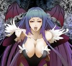  animal_print arm_warmers bangs bare_shoulders bat_print bat_wings blue_hair blunt_bangs breasts cleavage demon_girl fangs feathers fingernails fur_trim gradient_hair hand_on_hip head_wings highleg highleg_leotard large_breasts leaning leaning_forward leotard long_fingernails long_hair morrigan_aensland multicolored_hair nail_polish open_mouth pantyhose pointing pointing_at_viewer print_legwear purple_eyes purple_hair purple_legwear purple_nails purple_wings seqet-aru solo succubus teeth vampire_(game) very_long_hair wings 