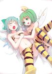  animal_print bikini blue_hair blush bow breast_grab breasts cirno cosplay culter daiyousei fingering fingering_through_clothes grabbing green_eyes green_hair groping hair_bow hair_ribbon highres lum lum_(cosplay) multiple_girls navel oni_horns open_mouth ribbon short_hair side_ponytail simple_background small_breasts smile striped striped_legwear swimsuit tears thighhighs through_clothes tiger_print touhou urusei_yatsura white_background wings yuri 