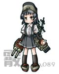  arare_(kantai_collection) black_hair brown_eyes character_name full_body hat kantai_collection looking_at_viewer machinery sanari_(quarter_iceshop) school_uniform short_hair solo suspenders turret 