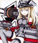  anchor bad_id bad_pixiv_id bare_shoulders bismarck_(kantai_collection) blonde_hair blue_eyes blush brown_gloves colored_pencil_(medium) detached_sleeves dress gloves grey_dress grey_legwear hat iroha_(nullpo) iron_cross kantai_collection long_hair looking_at_viewer machinery military military_hat military_uniform peaked_cap shikishi smile solo thighhighs traditional_media uniform 
