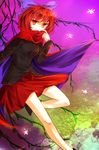  bare_legs bow cape covered_mouth hair_bow kutsuki_kai red_eyes red_hair sekibanki shirt short_hair skirt touhou 