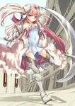  absurdres bad_id bad_pixiv_id breastplate covered_navel dress gauntlets greaves hair_ornament highres holding long_hair looking_at_viewer mixke original pink_eyes pink_hair scythe solo standing standing_on_one_leg two_side_up 