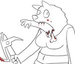  2014 anthro blood cleavage clothed clothing dismemberment female food fur gnoll gore hyena mammal monochrome plain_background solo teeth trout_(artist) weapon 