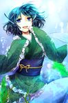  :d blue_hair frilled_sleeves frills head_fins japanese_clothes kimono kutsuki_kai mermaid monster_girl obi open_mouth sash short_hair smile touhou wakasagihime 