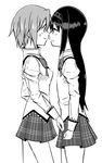  akemi_homura eye_contact face-to-face frown greyscale hairband hiroshima_mikan long_hair looking_at_another mahou_shoujo_madoka_magica miki_sayaka monochrome multiple_girls noses_touching school_uniform short_hair sweatdrop yuri 