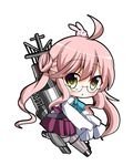  ahoge chagga_(hukagcho410) chibi glasses kantai_collection long_hair makigumo_(kantai_collection) pantyhose pink_hair school_uniform skirt sleeves_past_fingers sleeves_past_wrists solo white_background yellow_eyes 