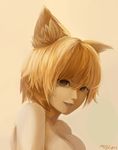  animal_ears blonde_hair breasts cleavage fox_ears highres large_breasts looking_at_viewer magician_(china) nude out-of-frame_censoring short_hair signature simple_background solo touhou upper_body yakumo_ran 