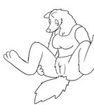  2014 aliasing anthro bottomless canine clothing female fur gnoll hyena mammal monochrome plain_background pussy solo spread_legs spreading trout_(artist) 