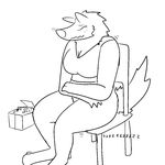  2014 anthro big_breasts blush bottomless box breasts chair cleavage clothed clothing eyes_closed female fur gnoll hyena implied mammal masturbation monochrome plain_background shaky sitting smile solo trout_(artist) 