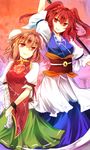  bandaged_arm bandages frilled_sleeves frills ibaraki_kasen kutsuki_kai multiple_girls obi onozuka_komachi puffy_short_sleeves puffy_sleeves red_eyes red_hair sash scythe short_hair short_sleeves smile touhou two_side_up 