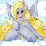  anthro bedroom_eyes blonde_hair blush breasts clitoris cloud derpy_hooves_(mlp) equine feathers female friendship_is_magic fur grey_fur hair hi_res hooves horse long_hair looking_at_viewer mammal my_little_pony nipples outside pussy 