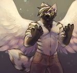  2014 anthro black_fur black_hair canine cherrybox chubby clothing fur hair male mammal musclegut muscles orange_eyes pants solo standing stripes tempest(notveryathletic) topless white_fur white_hair wings wolf 