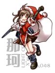 ;d arm_up brown_eyes brown_hair character_name clenched_hand double_bun full_body hat kantai_collection looking_at_viewer machinery naka_(kantai_collection) one_eye_closed open_mouth pleated_skirt sanari_(quarter_iceshop) santa_hat school_uniform serafuku skirt smile solo 