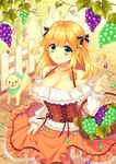  ahoge bare_shoulders basket blonde_hair bow breasts cleavage dog dress fence food fruit grapes green_eyes hair_bow long_hair long_sleeves mashuu medium_breasts original puppy smile solo two_side_up 