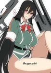  bare_legs black_gloves black_hair breasts brown_eyes chikuma_(kantai_collection) elbow_gloves gloves hand_on_own_knee heart kantai_collection large_breasts long_hair looking_at_viewer mecha_musume military military_uniform mugenshiki pelvic_curtain remodel_(kantai_collection) side_slit sitting smile solo spoken_heart twitter_username uniform very_long_hair 