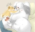  balls bear black_nose blush butt canine chubby clothing embrace foot_fetish fur hindpaw humanoid_penis kemono male mammal navel nipples open_mouth pawpads paws penis pillow polar_bear pubes raised_shirt shirt size_difference stevenlew sweat white_fur 