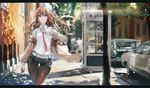  belt blonde_hair blurry building car cellphone city day depth_of_field ground_vehicle highres jacket long_hair long_sleeves looking_at_viewer loose_necktie makise_kurisu motor_vehicle necktie off_shoulder outdoors pantyhose pantyhose_under_shorts phone phone_booth shadow shirt shorts silver_eyes solo standing steins;gate telephone_pole thigh_gap thighhighs tree white_shirt wing_collar 