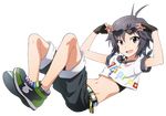  black_eyes black_hair blush fingerless_gloves full_body gloves highres idolmaster idolmaster_(classic) kikuchi_makoto looking_at_viewer midiman midriff navel open_mouth shoes short_hair shorts smile sneakers solo stomach street_hopper sunglasses transparent_background 