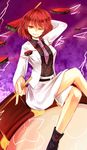  ;) crossed_legs drum drumsticks electricity horikawa_raiko instrument kutsuki_kai necktie one_eye_closed purple_neckwear red_eyes red_hair shirt short_hair sitting sitting_on_object skirt smile suit_jacket touhou 