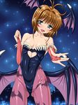  :d animal_print antenna_hair bangs bare_shoulders bat_print bat_wings blue_eyes blush breasts bridal_gauntlets brown_hair cardcaptor_sakura cleavage clenched_hand collarbone cosplay cowboy_shot demon_girl foreshortening hair_intakes happy head_wings heart_cutout highleg highleg_leotard highres kinomoto_sakura leotard low_wings morrigan_aensland morrigan_aensland_(cosplay) night night_sky open_mouth outdoors outstretched_hand pantyhose print_legwear purple_legwear purple_wings sen_(sansui) shiny shiny_skin short_hair sky small_breasts smile solo sparkle strapless succubus vampire_(game) wings 