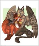  2014 anyare avian brown_feathers canine fox from_behind gay green_eyes gryphon hair hug male mammal nude orange_eyes red_hair wings 