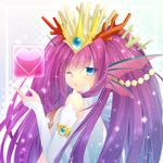  ;o arm_warmers armlet bare_shoulders big_hair blue_eyes blush colored_eyelashes coral fingernails head_fins heart highres jewelry lips long_hair looking_back nano00 one_eye_closed open_mouth purple_hair puzzle_&amp;_dragons shell shell_bikini siren_(p&amp;d) solo tiara upper_body very_long_hair 
