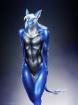  2014 blue_eyes blush dragon equus fur gradient_background hair hands_on_hips looking_at_viewer male navel solo swimsuit tail_tuft tuft white_hair 