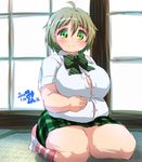  banned_artist belly bow bowtie breasts button_gap collared_shirt eyebrows fat green_eyes green_hair hand_on_own_stomach huge_breasts mikomu miniskirt nakazawa_minori no-rin seiza shirt sitting skirt smile solo thick_eyebrows thick_thighs thighs undersized_clothes 