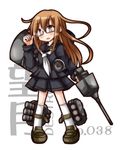  brown_eyes brown_hair full_body glasses kantai_collection long_hair looking_at_viewer machinery mochizuki_(kantai_collection) open_mouth pleated_skirt sanari_(quarter_iceshop) school_uniform serafuku skirt solo turret 