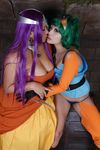  2girls asian breasts brown_eyes cameltoe chouzuki_maryou cosplay dragon_quest dragon_quest_iv green_hair large_breasts minea minea_(cosplay) multiple_girls photo plump purple_hair square_enix 