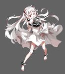  absurdres anklet bad_id bad_pixiv_id barefoot grey_background highres horns jewelry kantai_collection long_hair looking_at_viewer mittens mixke monster northern_ocean_hime open_mouth pale_skin red_eyes shinkaisei-kan solo white_hair 