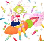  :d animal_ears backpack bad_id bad_pixiv_id bag bunny_ears carrot fake_animal_ears fingerless_gloves gloves goggles goggles_on_head green_eyes green_hair gumi happy_birthday kise_(swimmt) looking_at_viewer navel open_mouth pantyhose pleated_skirt rocket shoes short_hair sitting skirt smile solo vocaloid waving yellow_legwear 