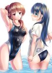  armpits ass blue_hair blush breasts brown_hair competition_swimsuit covered_nipples green_eyes hand_on_own_chest highres long_hair medium_breasts multiple_girls one-piece_swimsuit original ponytail red_eyes shirt swimsuit swimsuit_under_clothes toumin wading wet wet_clothes wet_shirt wet_t-shirt 