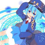  :d adapted_costume alternate_costume bad_id bad_pixiv_id blue_eyes blue_hair cirno coat cosplay hat ice ice_wings jojo_no_kimyou_na_bouken kuujou_joutarou kuujou_joutarou_(cosplay) looking_at_viewer mob_cap open_mouth shapeson short_hair smile solo touhou wings 