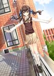  ahoge balancing bangs black_footwear bobby_socks brown_eyes brown_hair day dutch_angle full_body hair_between_eyes hair_ornament hair_ribbon hairclip highres kneeling loafers long_hair long_sleeves looking_at_viewer original outdoors outstretched_arms ribbon riyun_(halodark) rooftop school school_uniform shadow shoes skirt smile socks solo spread_arms sweater_vest twintails white_legwear 