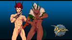  2boys abs ash_core_(dungeon_and_fighter) dungeon_and_fighter earrings erection etrenok_(dungeon_and_fighter) green_eyes horns jewelry lvlv male male_focus monster_boy multiple_boys muscle penis red_eyes red_hair simple_background white_hair yaoi 