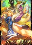  blonde_hair broken_ground claws dress fangs fox fox_tail frame glowing glowing_eyes green_eyes hat highres long_sleeves melon22 multiple_tails pillow_hat side_slit solo spell_card tabard tail touhou upskirt white_dress wide_sleeves yakumo_ran yellow_eyes 