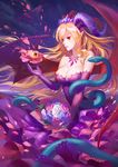  bare_shoulders blonde_hair bouquet breasts cleavage demon_girl demon_wings dress elbow_gloves eyeball flower gloves horns jewelry jofang large_breasts lilith_(p&amp;d) necklace petals purple_dress purple_gloves puzzle_&amp;_dragons snake solo tiara wings 