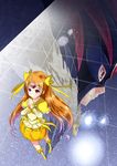  boots bow brooch bubble_skirt circlet cure_muse_(black) cure_muse_(yellow) dual_persona hair_bow hands_together heart jewelry knee_boots long_hair mask orange_hair precure red_eyes shirabe_ako shiratama0426 skirt smile spoilers standing suite_precure yellow_bow yellow_skirt 