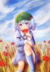  arm_belt blue_eyes blue_hair blue_sky boots cloud cloudy_sky day dress flower hair_bobbles hair_ornament hand_on_leg hat highres kanno_fumiroku kawashiro_nitori key long_sleeves looking_at_viewer nature plant pocket rubber_boots short_hair short_twintails sitting skirt skirt_set sky solo spider_lily touhou twintails two_side_up wheat 