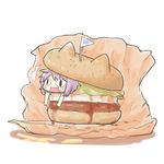 1girl animal_ears black_eyes blush_stickers cat_ears flag food hamburger in_food inishie kantai_collection ketchup lettuce lying minigirl on_stomach open_mouth purple_hair short_hair solo surprised sweatdrop tama_(kantai_collection) wavy_mouth white_background wrapper 