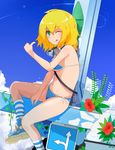  :q bikini blonde_hair blue_eyes goggles goggles_around_neck haseneko looking_at_viewer original rocket_launcher shoes short_hair sitting sneakers socks solo striped swimsuit thumbs_up tongue tongue_out weapon 