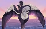  ambiguous_gender anthro avian backsack balls beak big_butt bird black_feathers black_hair butt feathered_wings feathers hair looking_back magpie nude sea solo sonechkachizhikov_(artist) tail_feathers water white_feathers wide_hips wings 