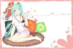  ;) aqua_eyes aqua_hair bad_id bad_pixiv_id breasts casual character_name cleavage hair_ornament hair_ribbon hatsune_miku long_hair looking_at_viewer mame_(yangqi787) medium_breasts one_eye_closed pillow ribbon sitting smile solo string_phone twintails vocaloid 